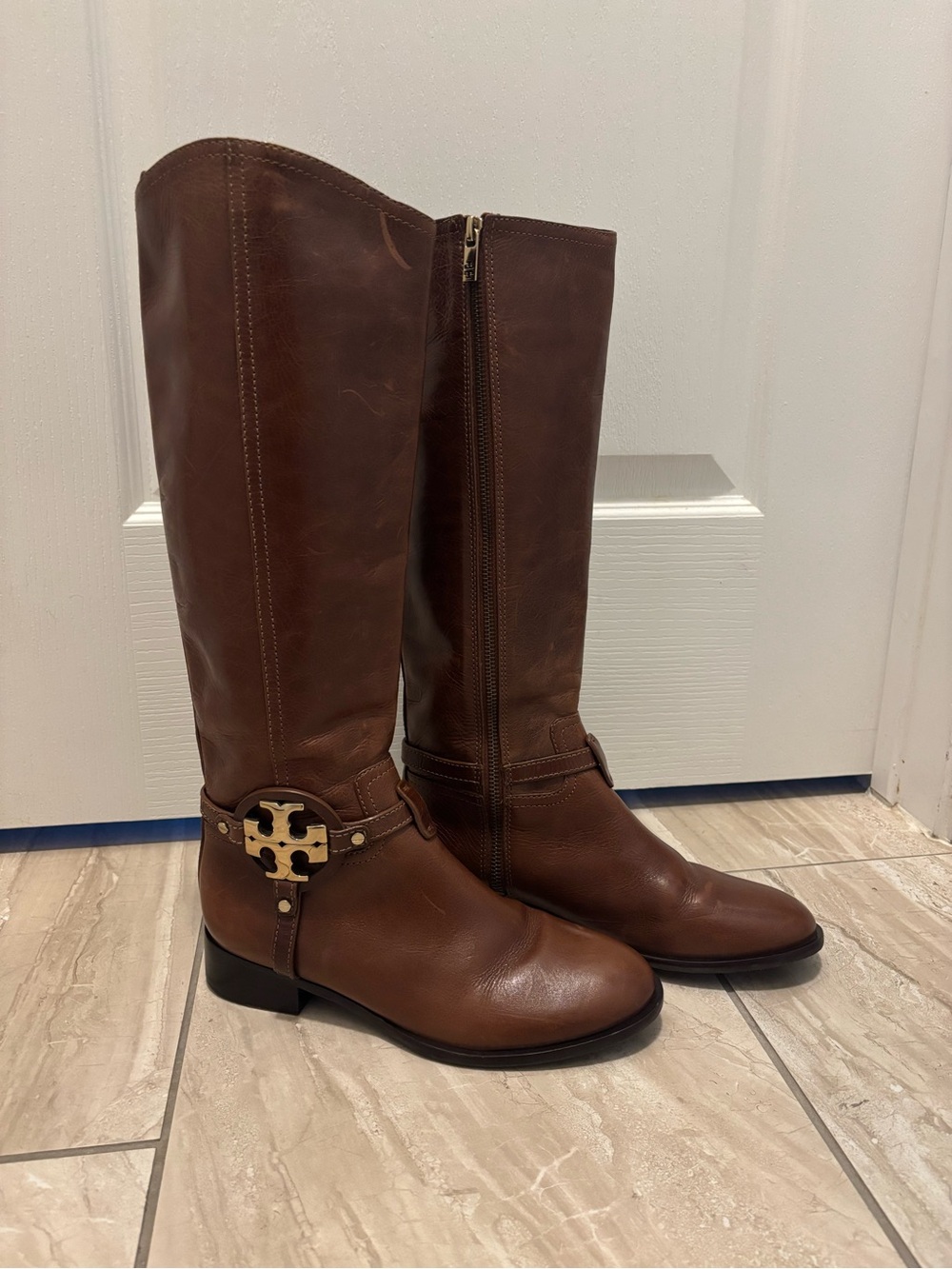 Tory Burch Amanda Riding Boots Brown Leather Size 7.5 Authenticated